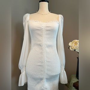 White Ruched Balloon Sleeve Dress - Reverse Clothing